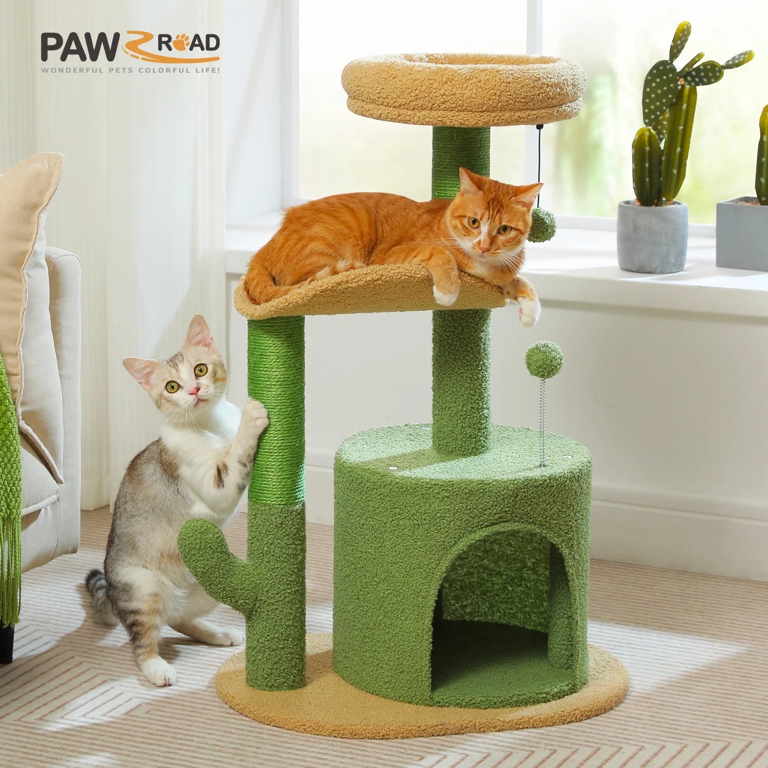 32" Cactus Cat Tree Tower with Cat Scratching Posts Cozy Condo Perch for Indoor Cats,Green