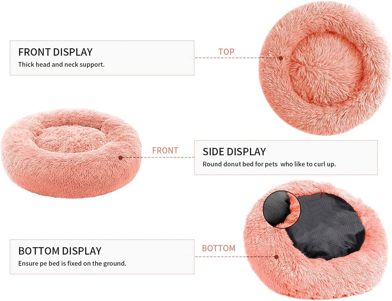 Calming Dog & Cat Bed - Anti-Anxiety Donut Design, Machine Washable, 20X20Inch Pink