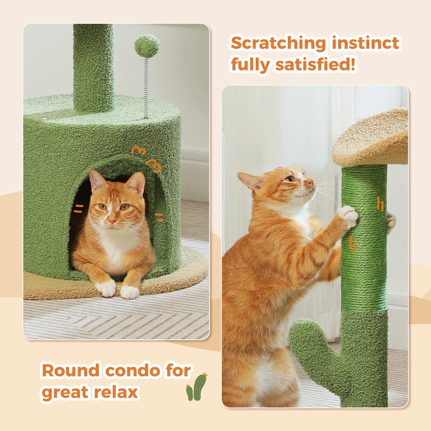 32" Cactus Cat Tree Tower with Cat Scratching Posts Cozy Condo Perch for Indoor Cats,Green