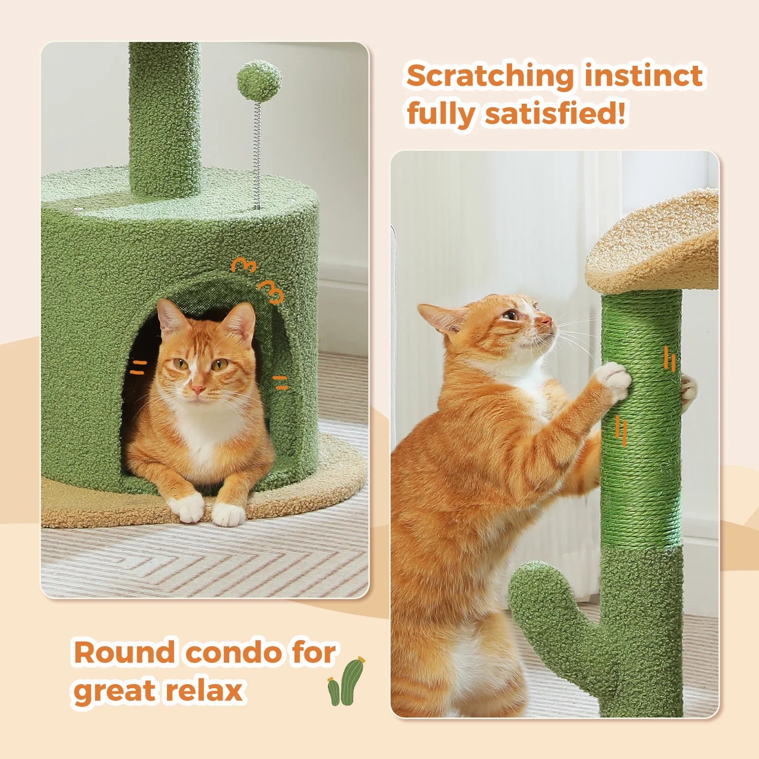 32" Cactus Cat Tree Tower with Cat Scratching Posts Cozy Condo Perch for Indoor Cats,Green