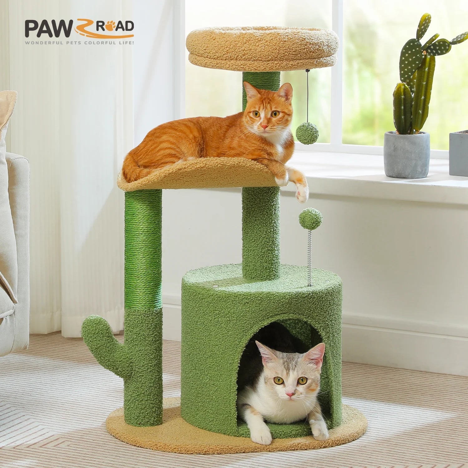32" Cactus Cat Tree Tower with Cat Scratching Posts Cozy Condo Perch for Indoor Cats,Green