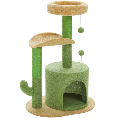 32" Cactus Cat Tree Tower with Cat Scratching Posts Cozy Condo Perch for Indoor Cats,Green