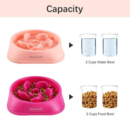 Slow Feeder Dog Bowls 2PCS, Non Slip Cat Food Bowls, Bloat Stop Maze Dishes, Interactive Feeder for All Breeds 2 Cup Pink&Purple
