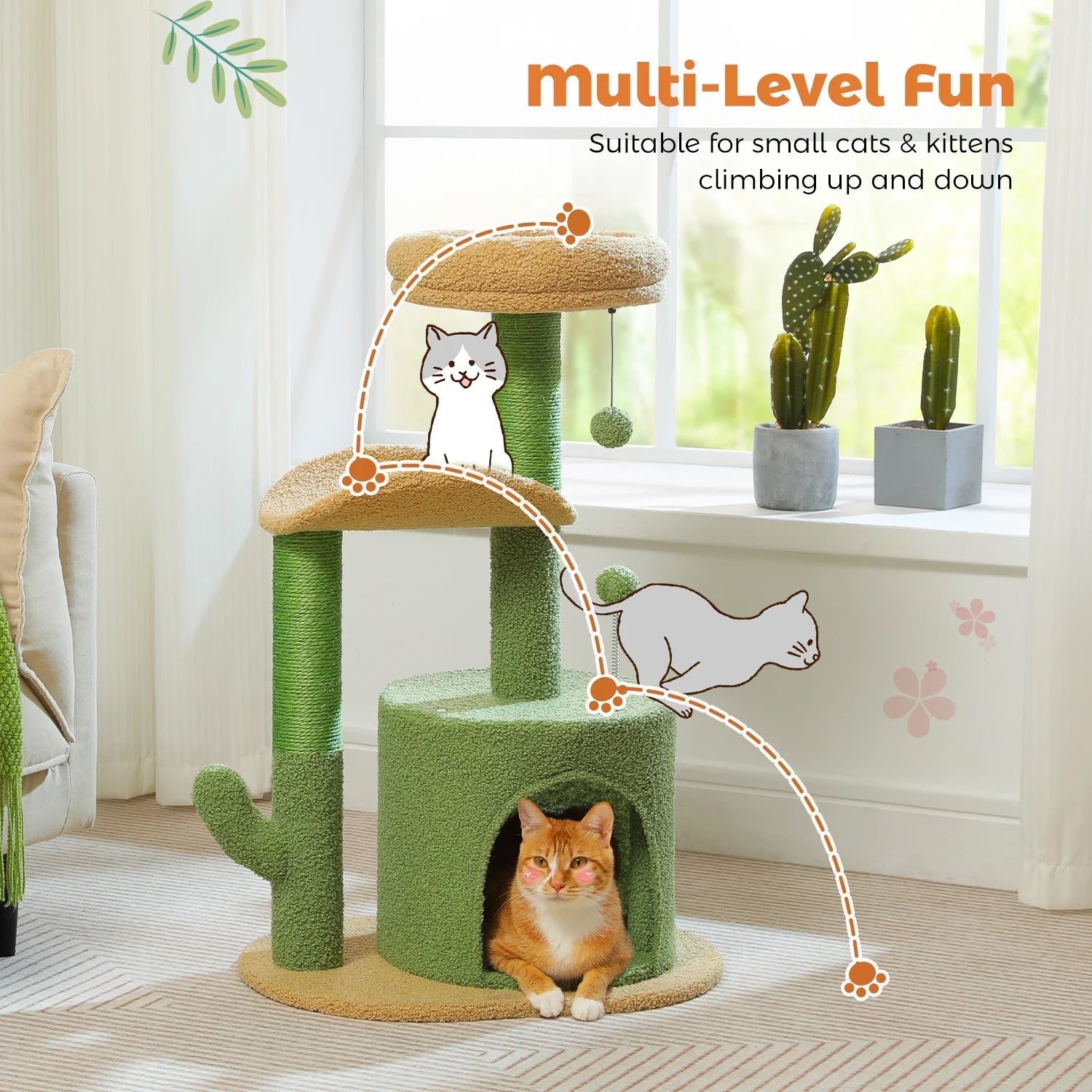 32" Cactus Cat Tree Tower with Cat Scratching Posts Cozy Condo Perch for Indoor Cats,Green