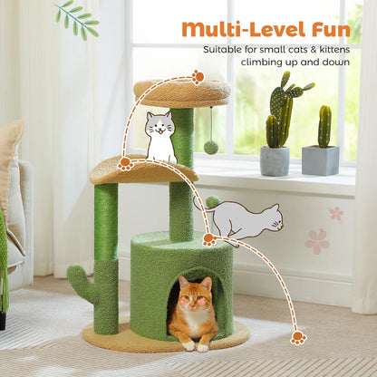 32" Cactus Cat Tree Tower with Cat Scratching Posts Cozy Condo Perch for Indoor Cats,Green