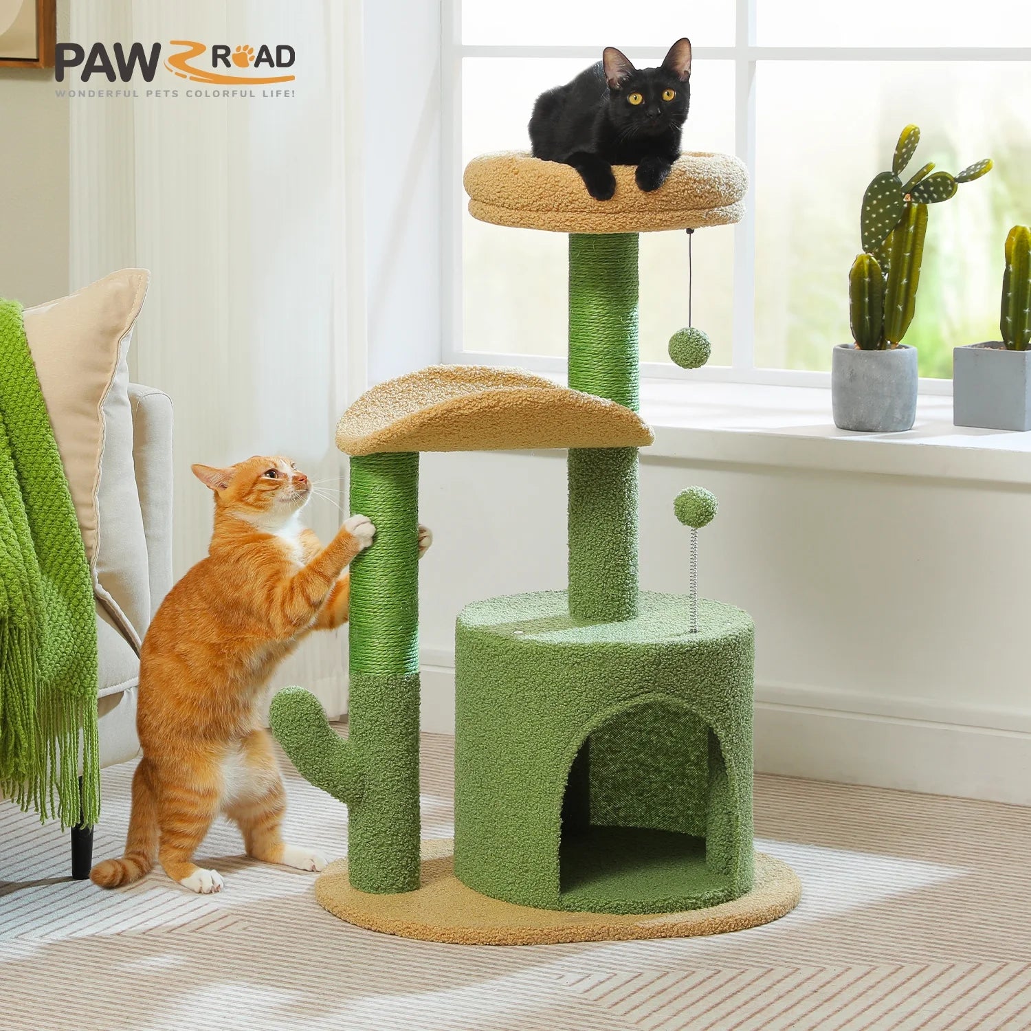 32" Cactus Cat Tree Tower with Cat Scratching Posts Cozy Condo Perch for Indoor Cats,Green