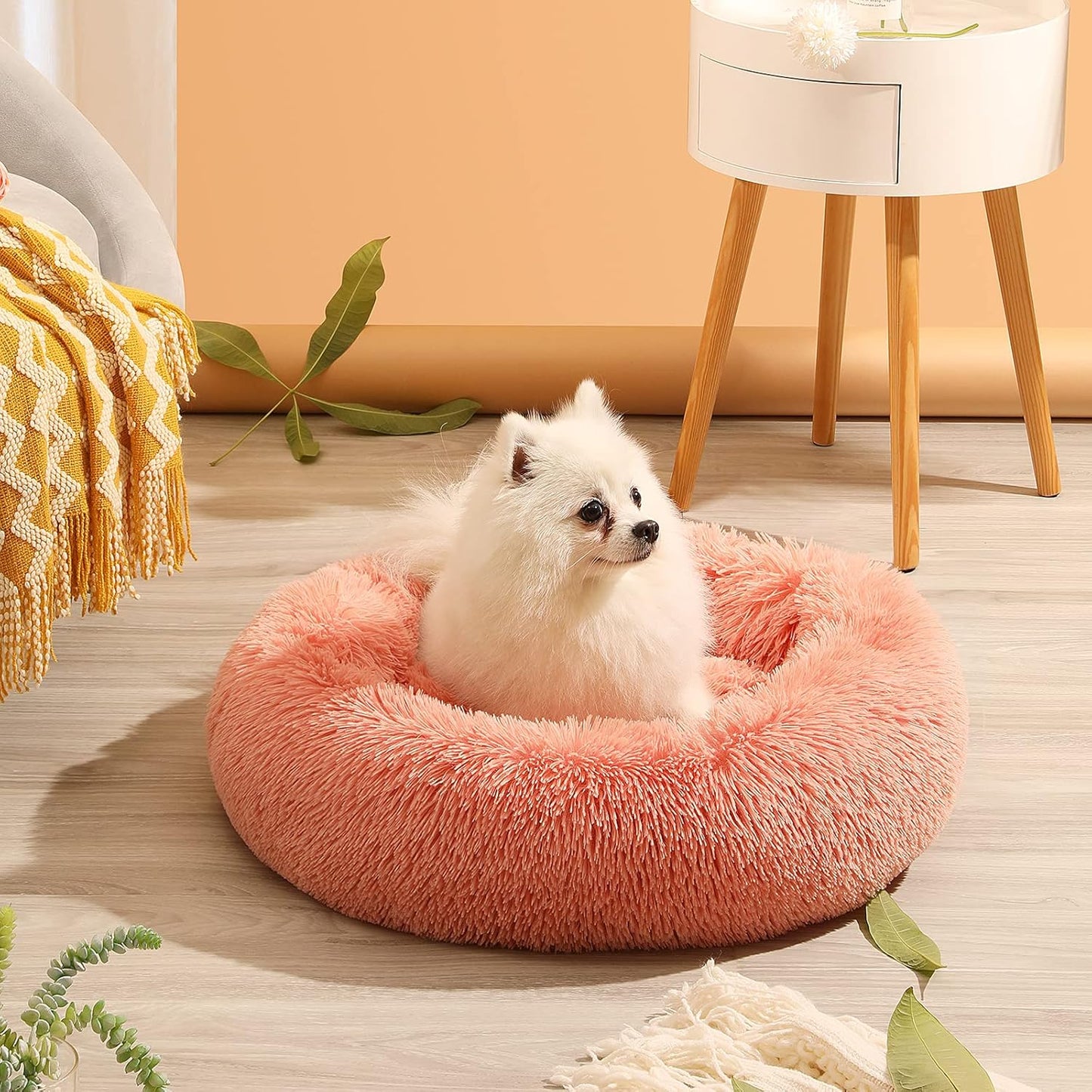 Calming Dog & Cat Bed - Anti-Anxiety Donut Design, Machine Washable, 20X20Inch Pink